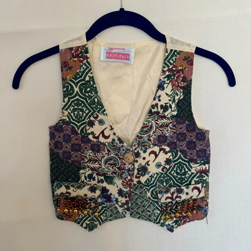 Vintage Definitely California Kids Tapestry Vest Floral Beaded Fringe Cropped